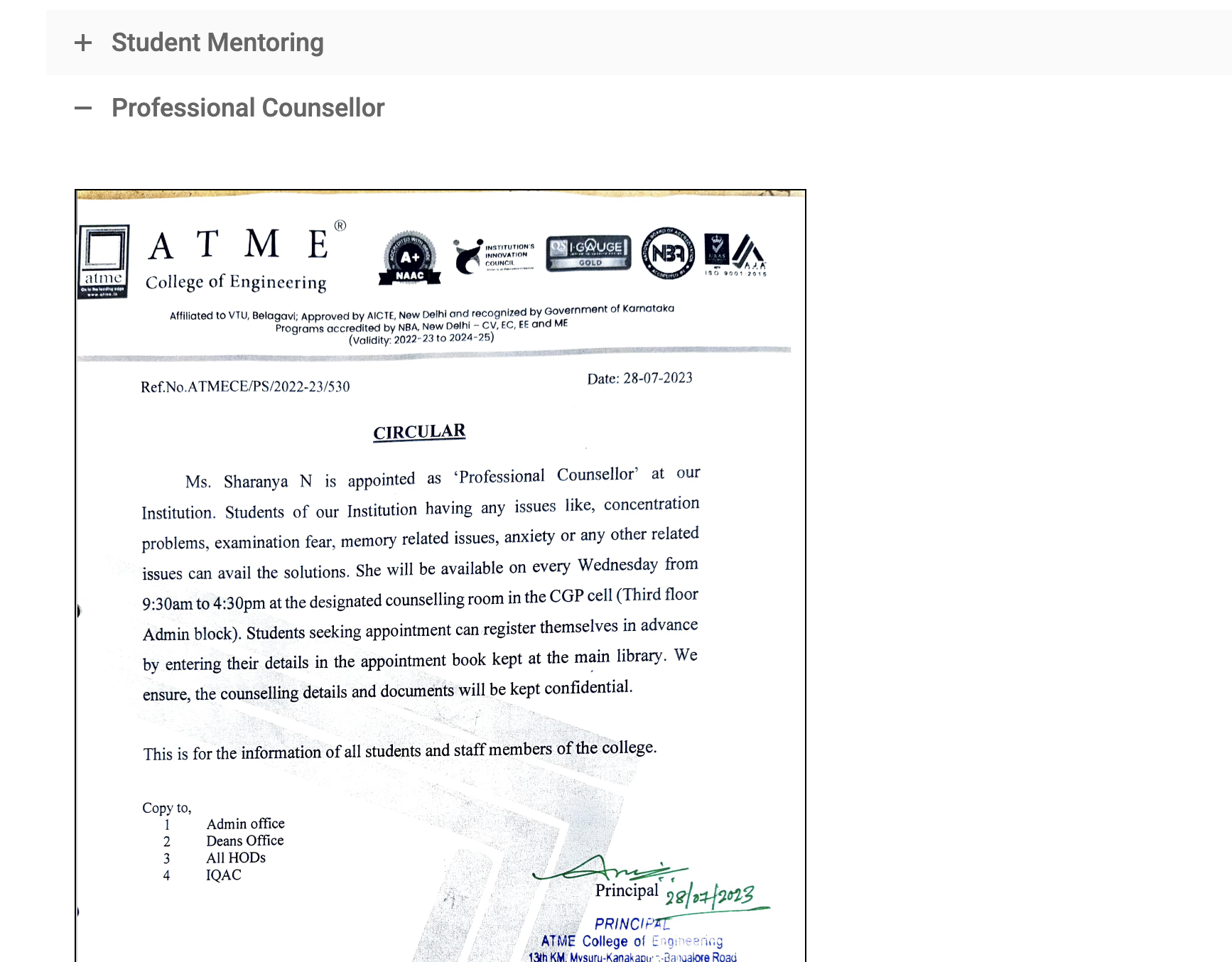 ATMECE circular — Ms. Sharanya N appointed as Professional Counsellor (Ref. ATMECE/PS/2022-23/530, dated 28-07-2023)